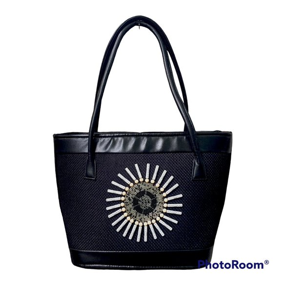 NWOT black woven handbag with beading - Picture 1 of 8